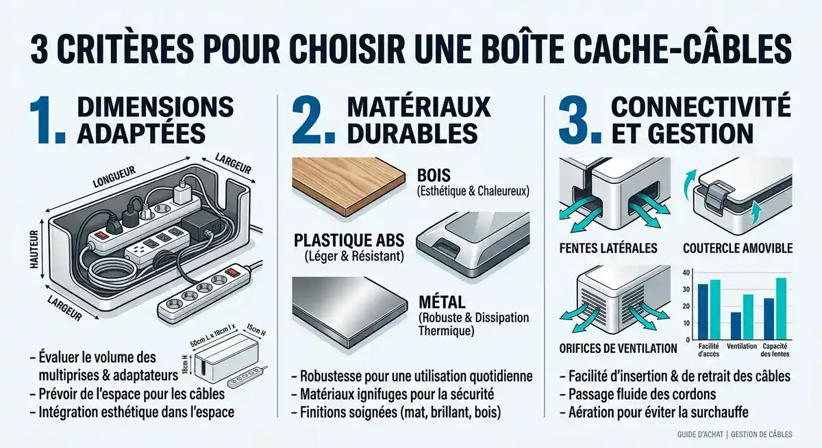 Infographie des critères de sélection pour une boîte cache-câbles : dimensions, matériaux et options de connectivité.