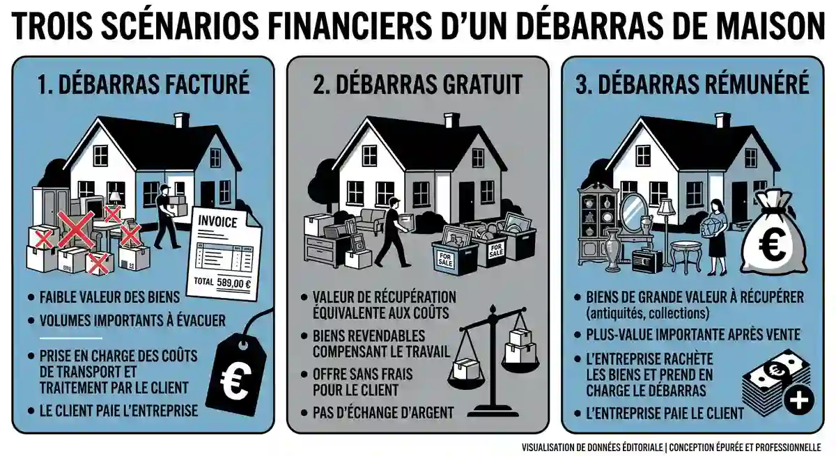 Infographie des trois scénarios financiers pour un débarras de maison