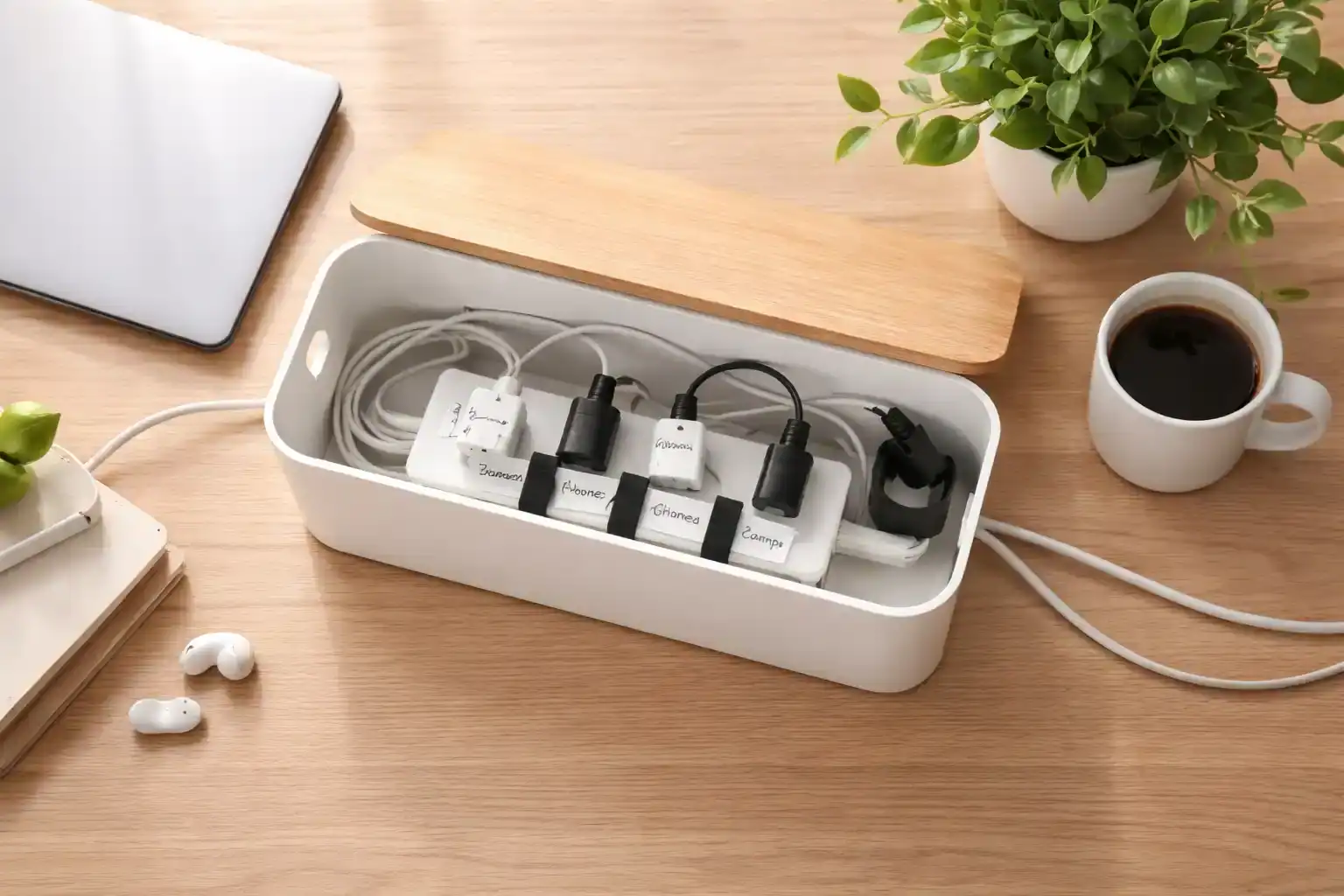 boite pour ranger les cables ouverte sur bureau