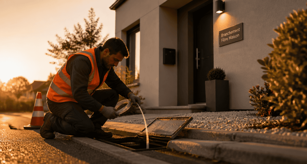 Branchement fibre maison technicien devant maison