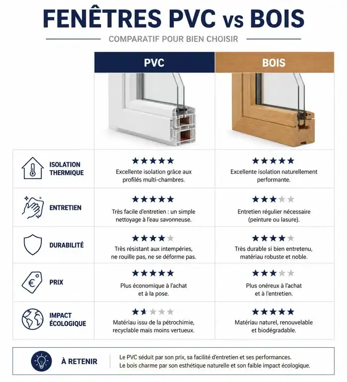 Infographie comparative : choisir entre fenêtres PVC ou bois pour la rénovation