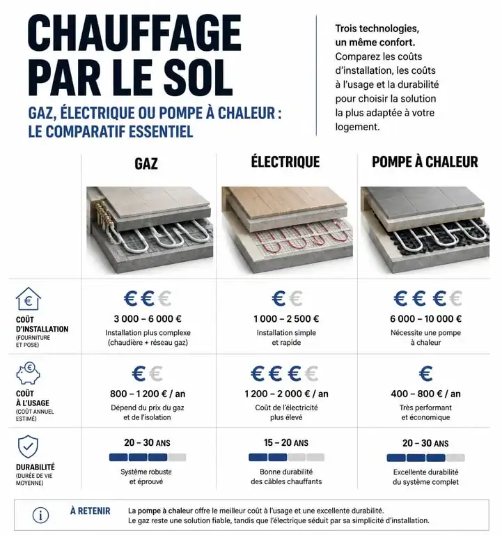 Comparatif des systèmes de chauffage par le sol gaz, électrique et pompe à chaleur