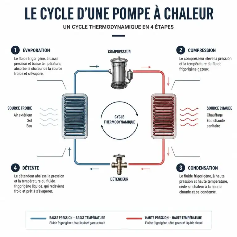Schéma du fonctionnement d'une pompe à chaleur et de son cycle thermodynamique