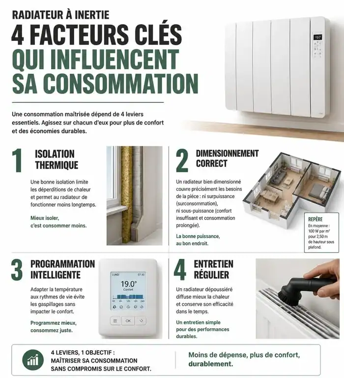 Infographie sur les facteurs influençant la consommation d'un radiateur à inertie et les leviers d'économies d'énergie.