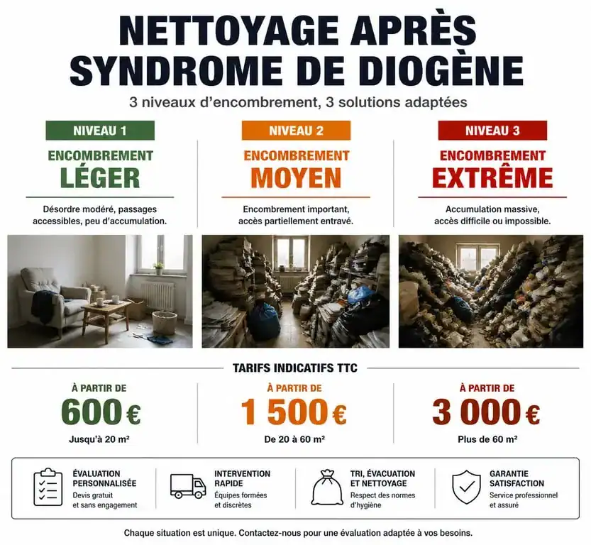 Infographie des tarifs de nettoyage syndrome de Diogène selon le niveau d'encombrement