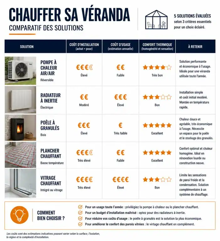 Comparatif des solutions de chauffage pour véranda : coût et performance