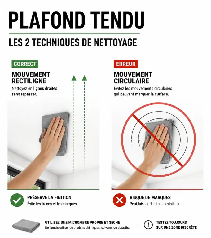 Infographie sur les techniques de nettoyage de plafond tendu : mouvement rectiligne vs circulaire
