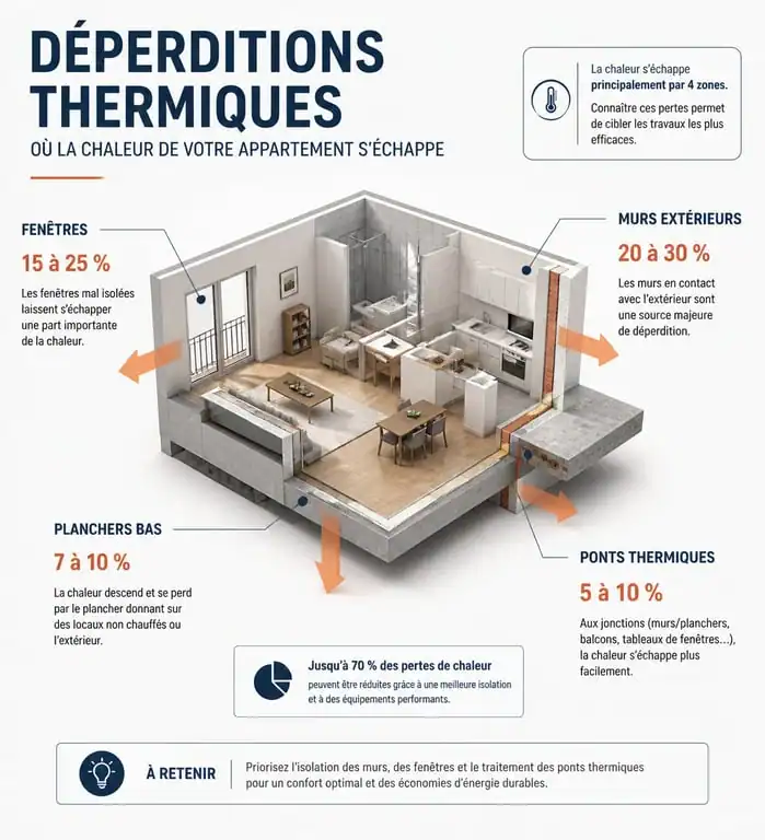 Infographie des zones de déperdition thermique dans un appartement mal isolé