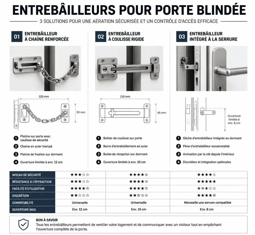 Schéma comparatif des types d'entrebâilleur pour porte blindée : chaîne, coulisse et intégré