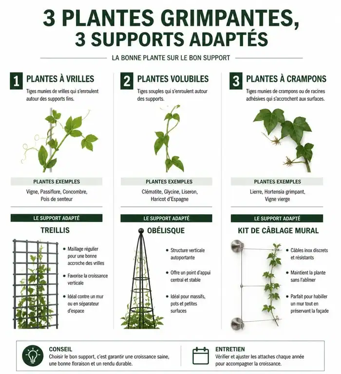 Infographie illustrant les différents types de support plante grimpante selon le mode de fixation de la plante