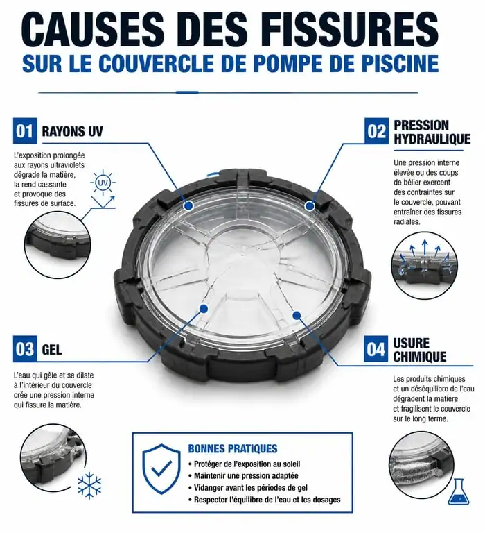 Infographie des causes de fissures sur couvercle de pompe de piscine