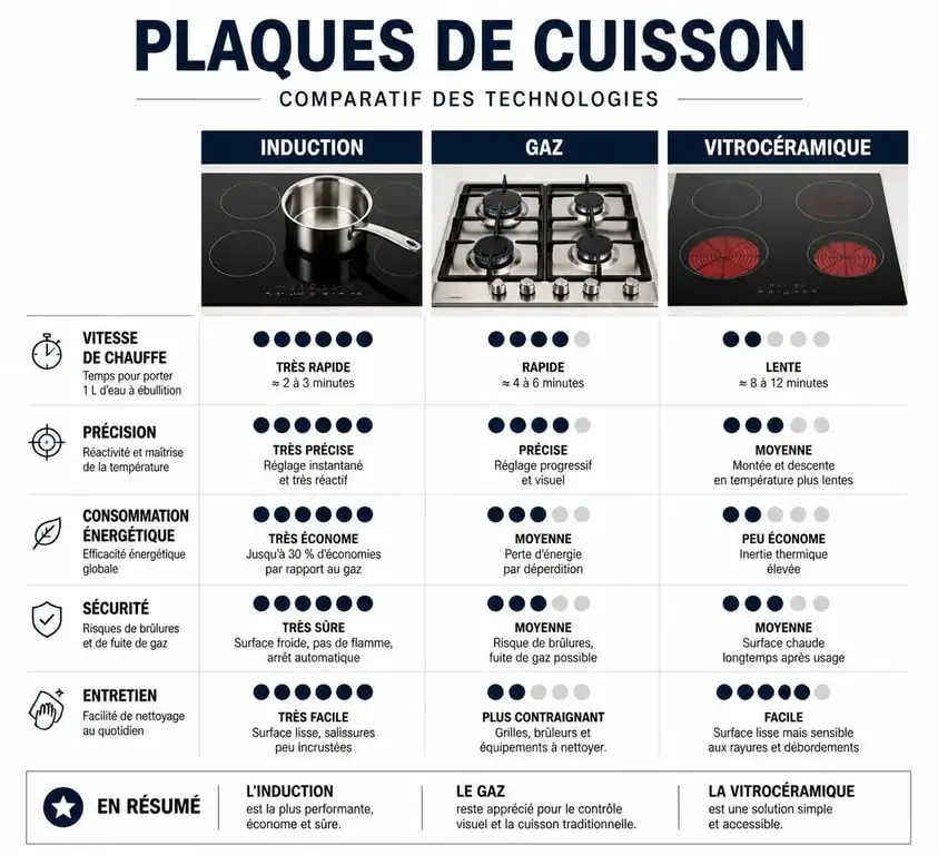 Comparatif des technologies de plaques de cuisson : induction, gaz et vitrocéramique pour choisir la meilleure option.