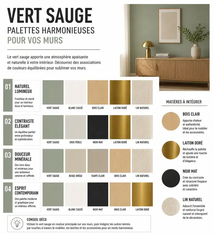 Palette de couleurs et matériaux pour une décoration murale vert sauge harmonieuse