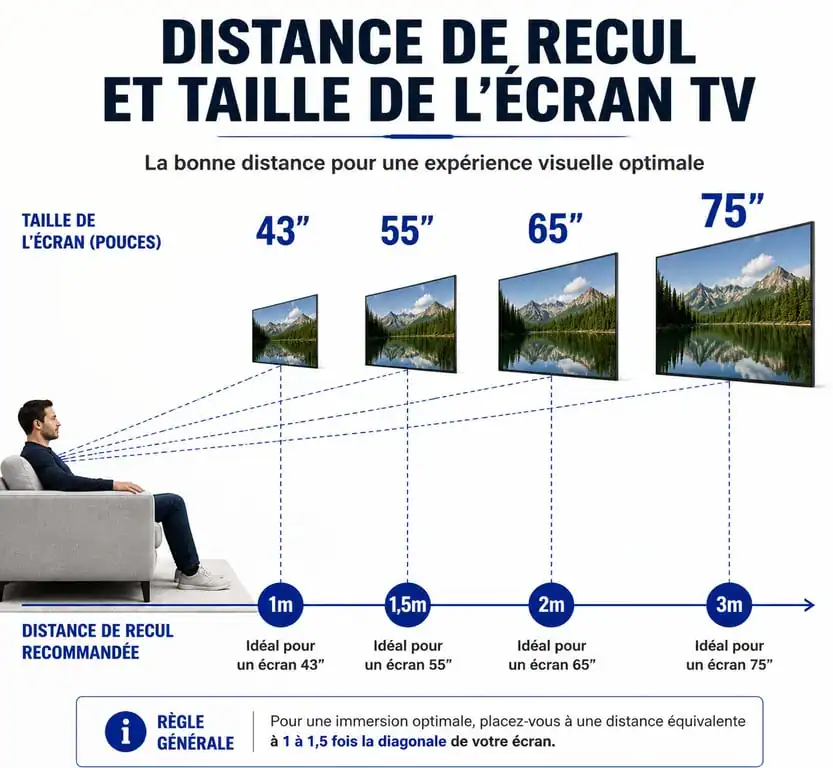 Infographie des tailles de TV recommandées selon la distance de recul pour un salon