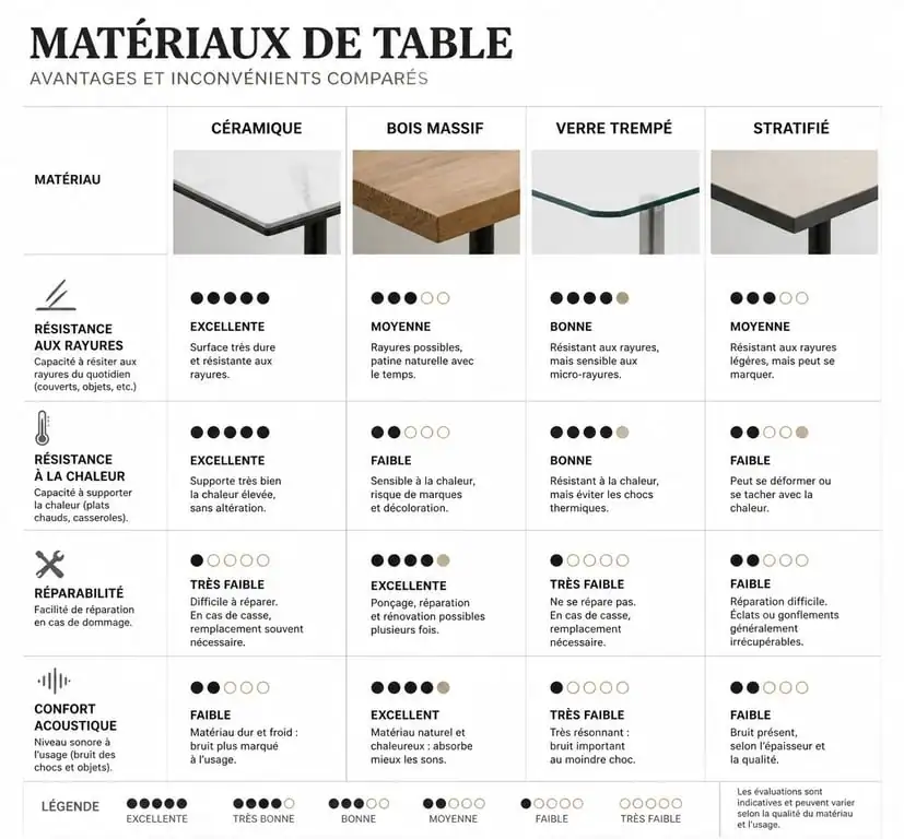 Comparatif des avantages et inconvénients des tables en céramique, bois, verre et stratifié