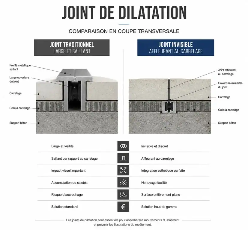 Comparaison technique entre un joint de dilatation carrelage traditionnel et un joint invisible