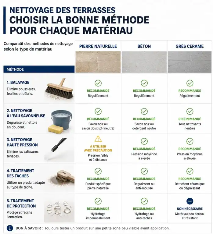 Infographie comparative des méthodes pour nettoyer dalle de terrasse selon le matériau
