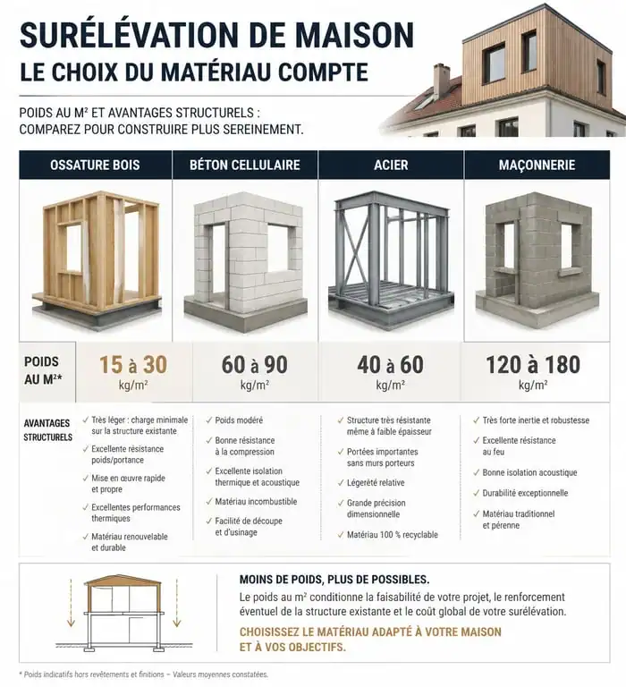 Comparatif des matériaux pour surélévation de maison ancienne : poids et avantages techniques