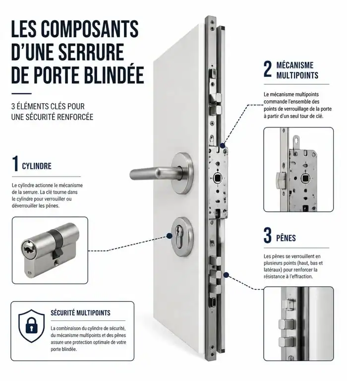 Schéma explicatif des composants d'une serrure de porte blindée pour le changement de serrure