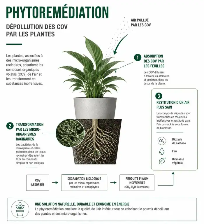 Schéma explicatif du fonctionnement des plantes d'intérieur dépolluantes et phytoremédiation