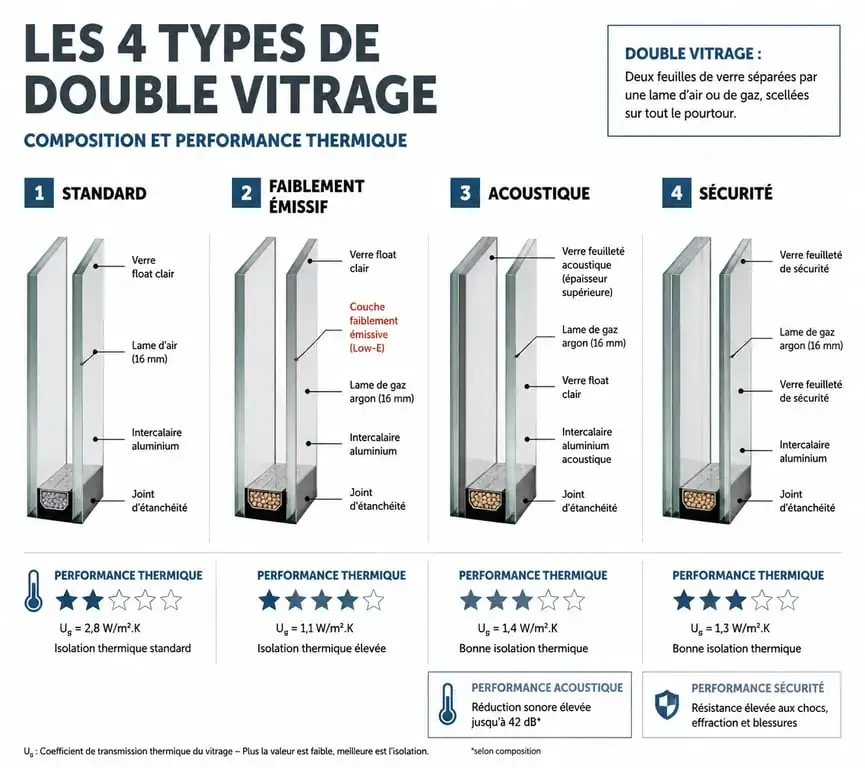 Comparatif des types de double vitrage pour le remplacement de fenêtres : standard, faiblement émissif, acoustique et sécurité.