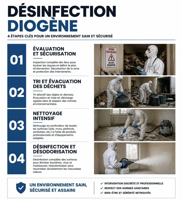 Infographie des étapes de la désinfection Diogène professionnelle