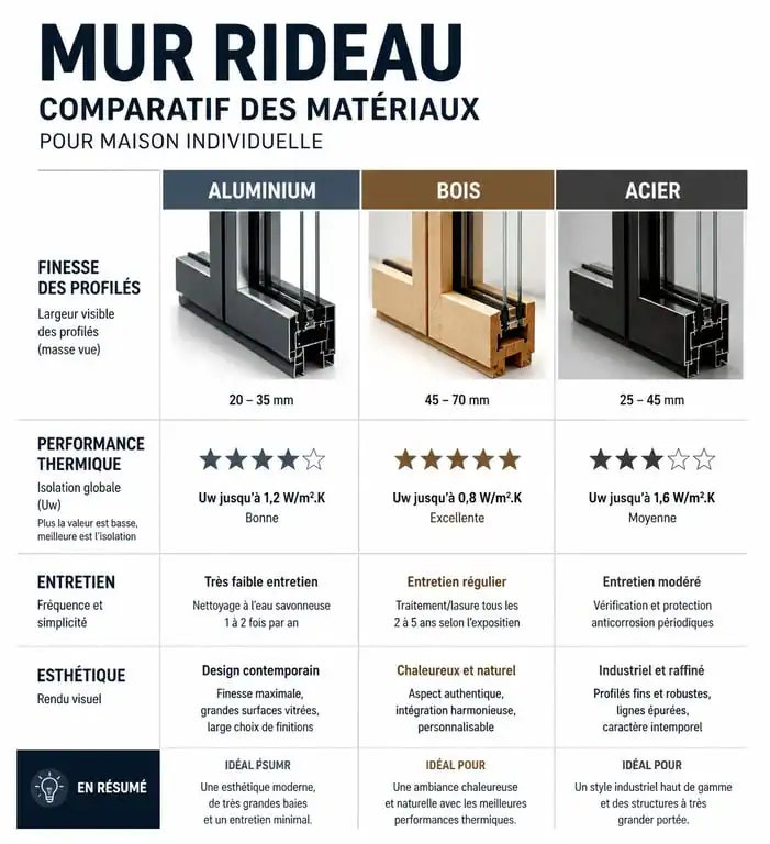 Infographie comparative des matériaux pour mur rideau en maison individuelle : aluminium, bois et acier