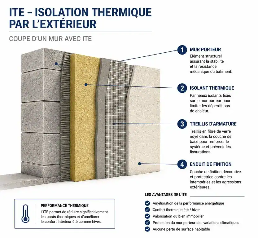 Schéma technique d'une isolation thermique par l'extérieur (ITE) lors d'un ravalement de façade