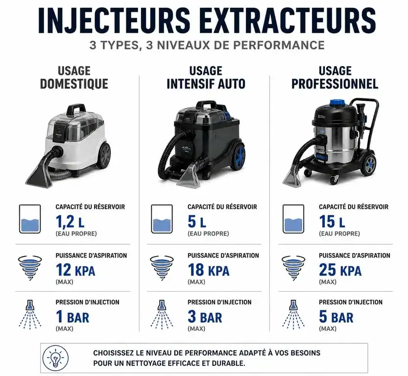 Infographie comparative des caractéristiques techniques des injecteurs extracteurs pour le nettoyage