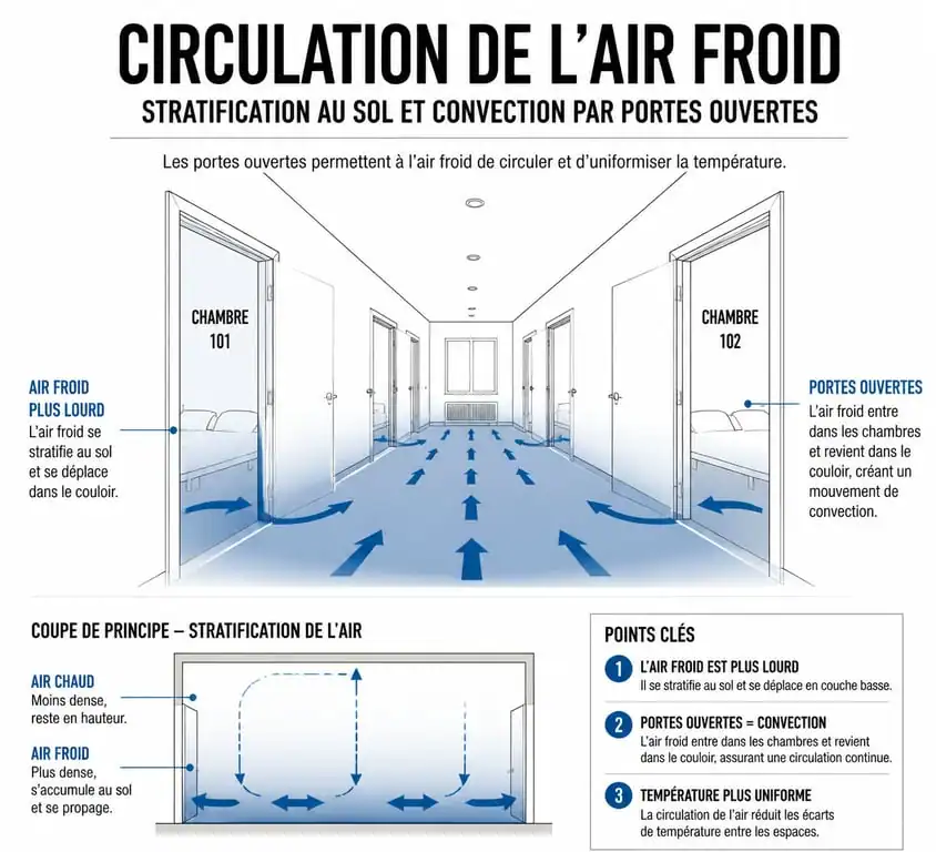 Schéma de circulation de l'air froid d'une climatisation dans un couloir vers les chambres
