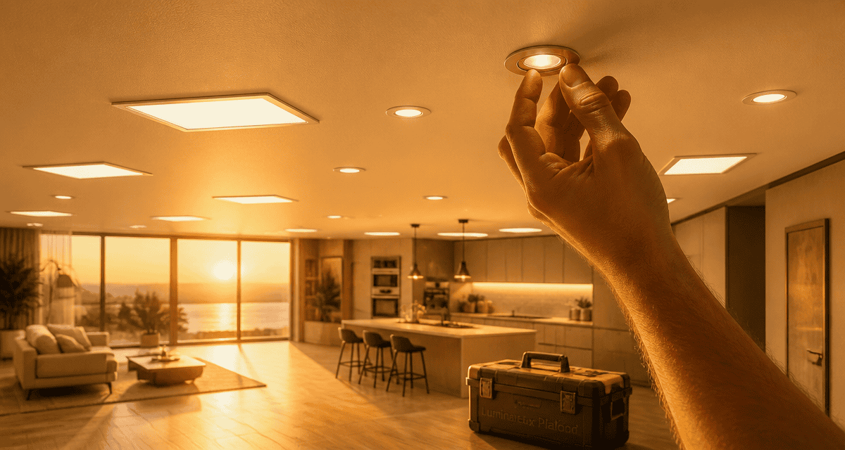 luminaire faux plafond LED et spots encastrés