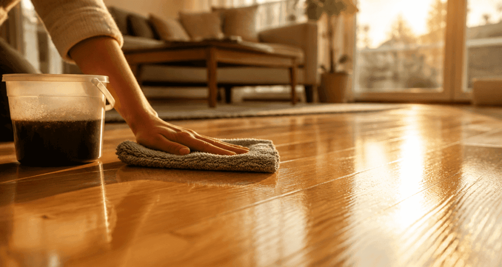 nettoyer parquet vitrifié savon noir main serpillière