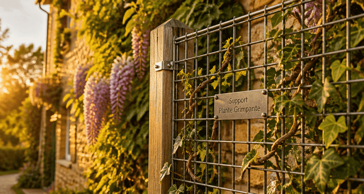 support plante grimpante sur treillis acier façade pierre