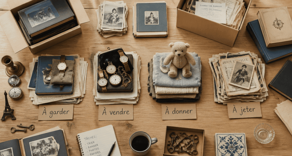 Vidage maison, tri sur table en quatre piles