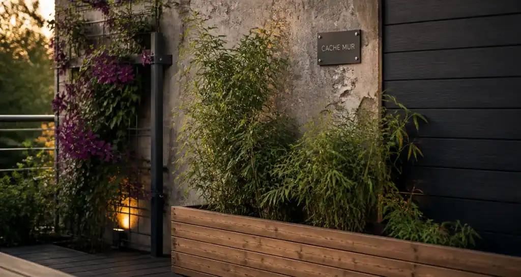 Cache mur extérieur : bardage composite et treillis déco contre un mur dégradé