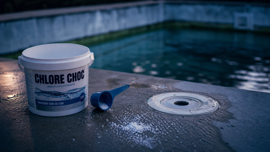 Chlore choc piscine : seau de chlore choc pour rattraper une eau verte