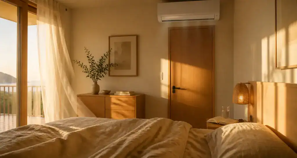 climatisation dans une chambre moderne au coucher du soleil