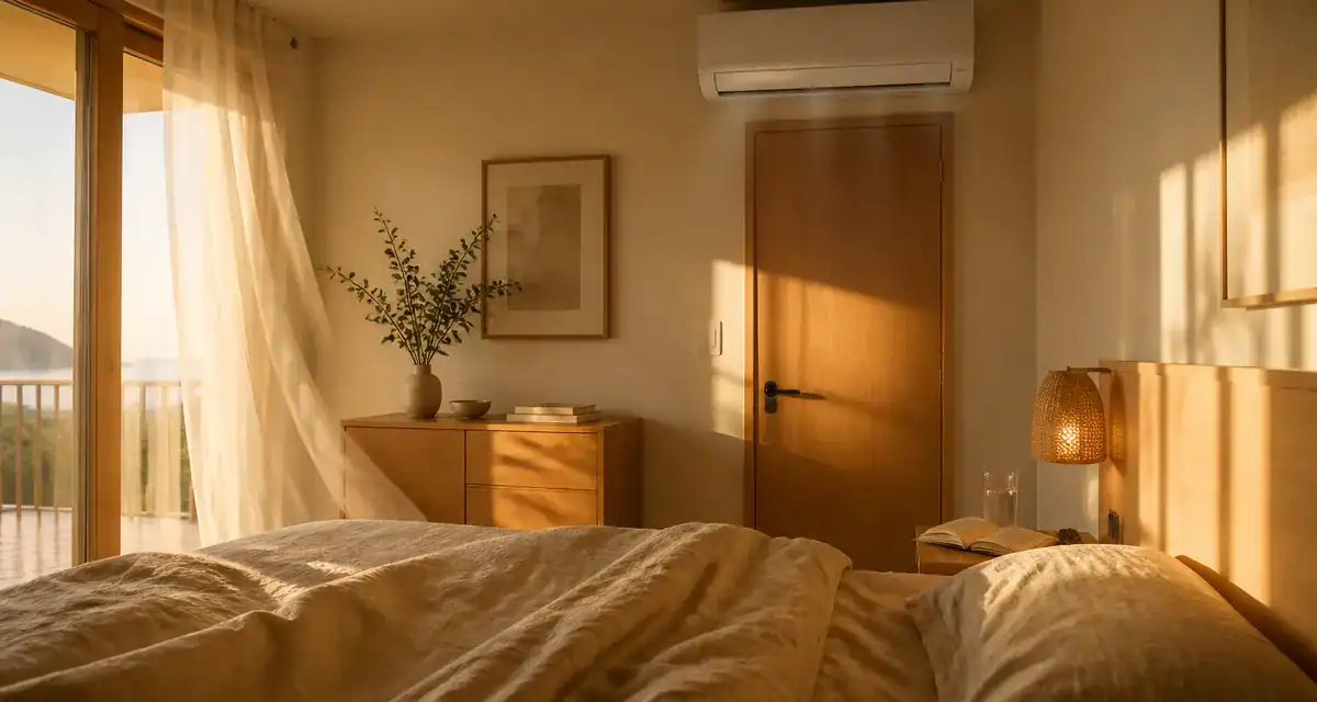 climatisation dans une chambre moderne au coucher du soleil
