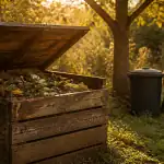Composteur jardin bois et plastique dans un jardin verdoyant