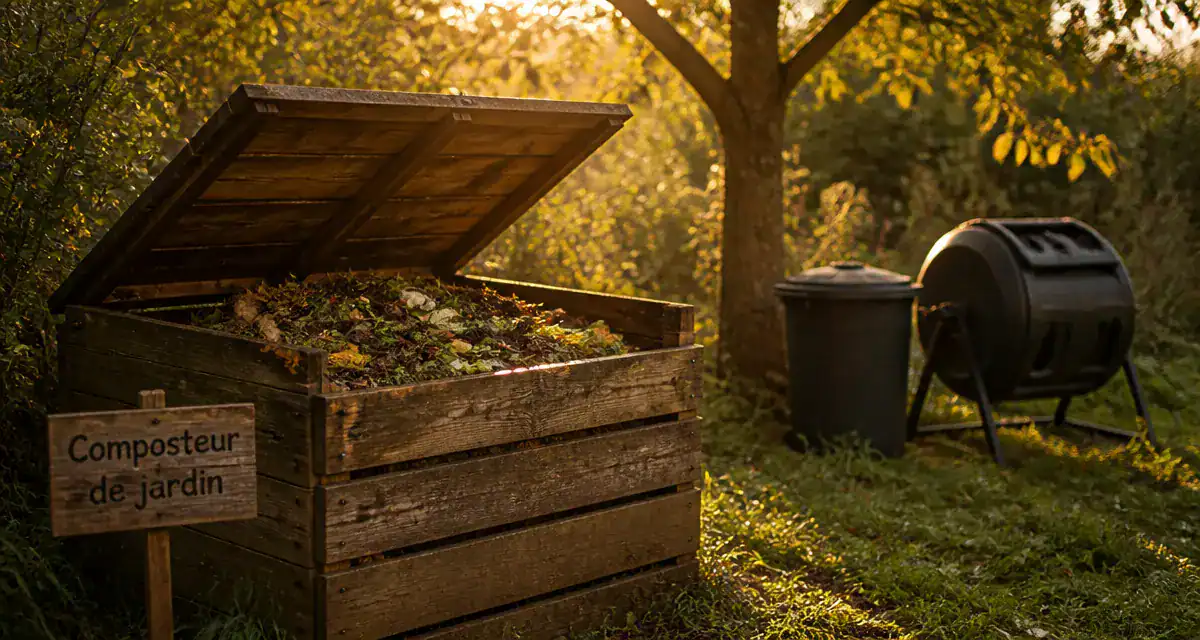 Composteur jardin bois et plastique dans un jardin verdoyant
