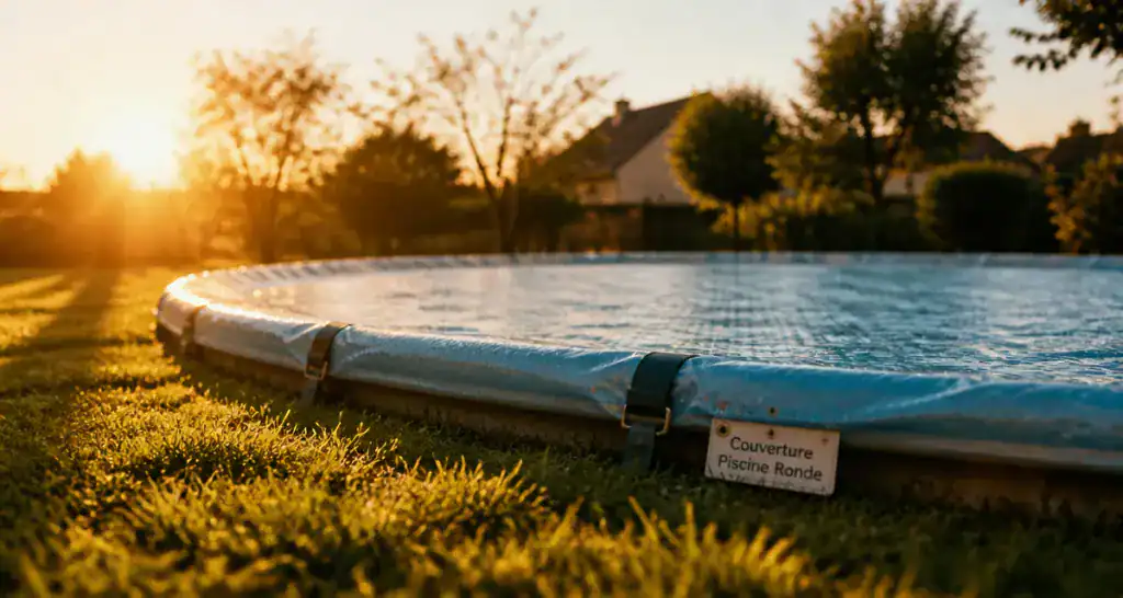 couverture piscine ronde sur piscine bleue au jardin