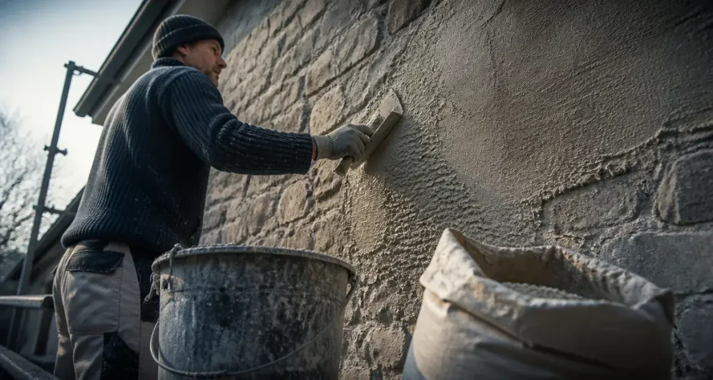 Enduit à la chaux facade : artisan applique un gobetis à la truelle