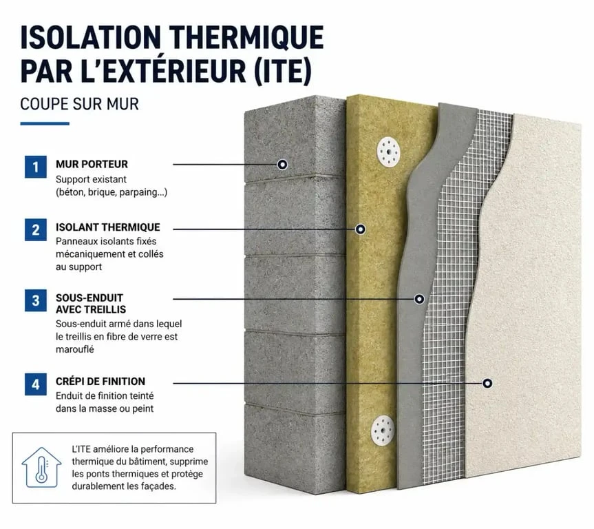 Schéma en coupe d'une isolation thermique par l'extérieur avec crépi isolant.