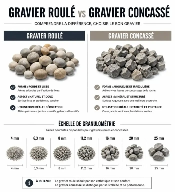 Comparatif visuel des types de graviers pour terrasse : roulé vs concassé et granulométrie idéale