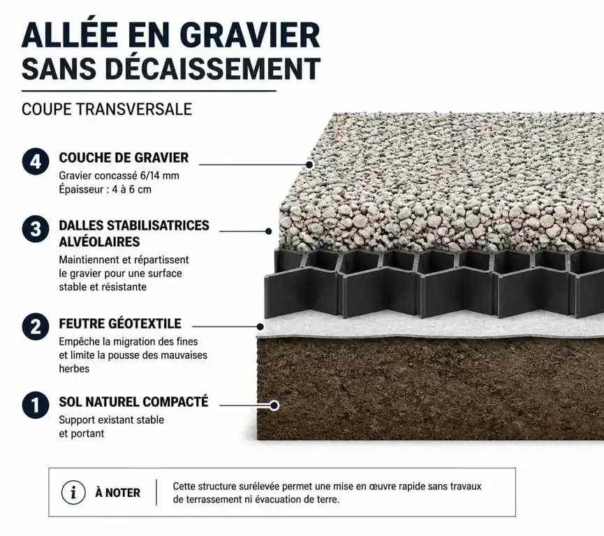 Coupe transversale d'une allée en gravier sans décaissement avec géotextile et dalles stabilisatrices