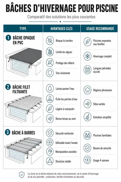 Comparatif des types de bâches d'hiver pour piscine : opaque, filet et à barres.