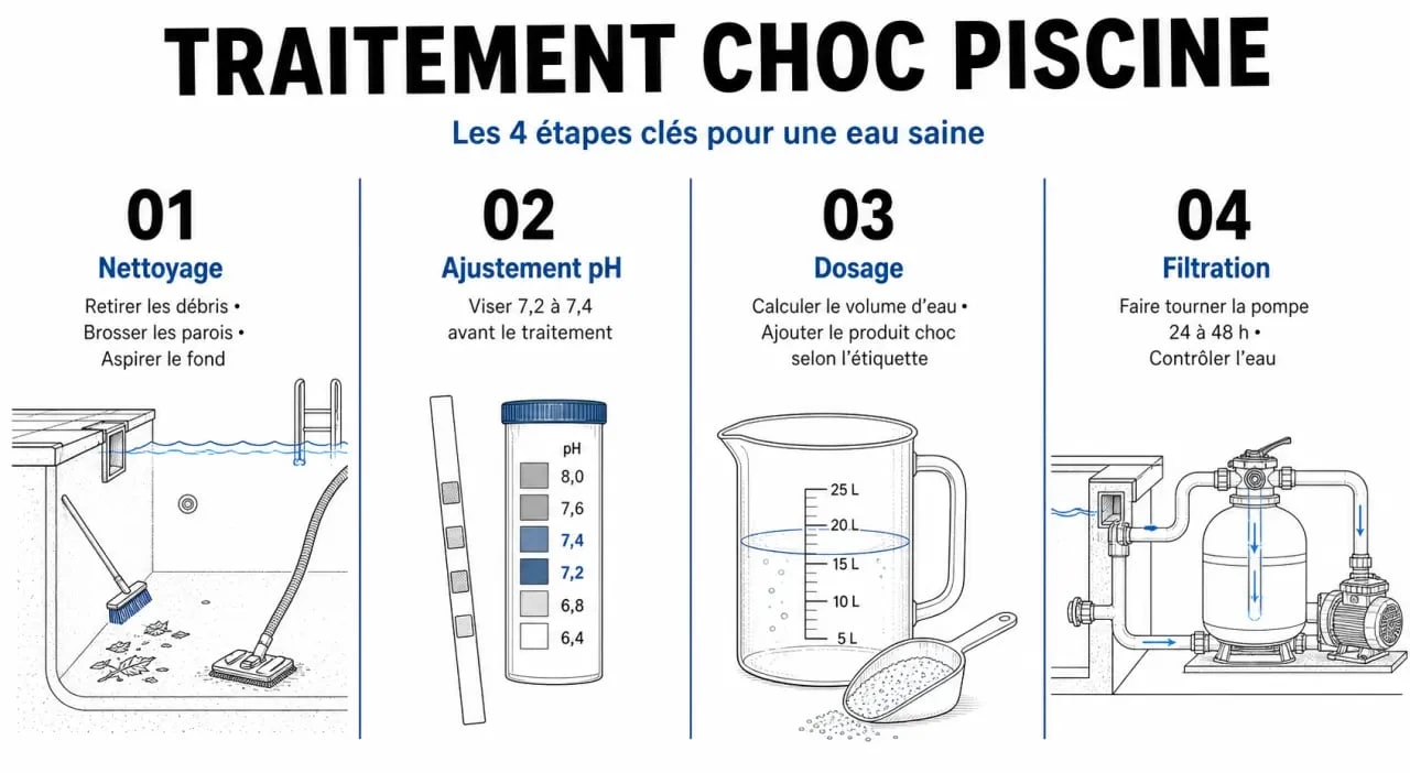 Étapes du traitement au chlore choc pour piscine