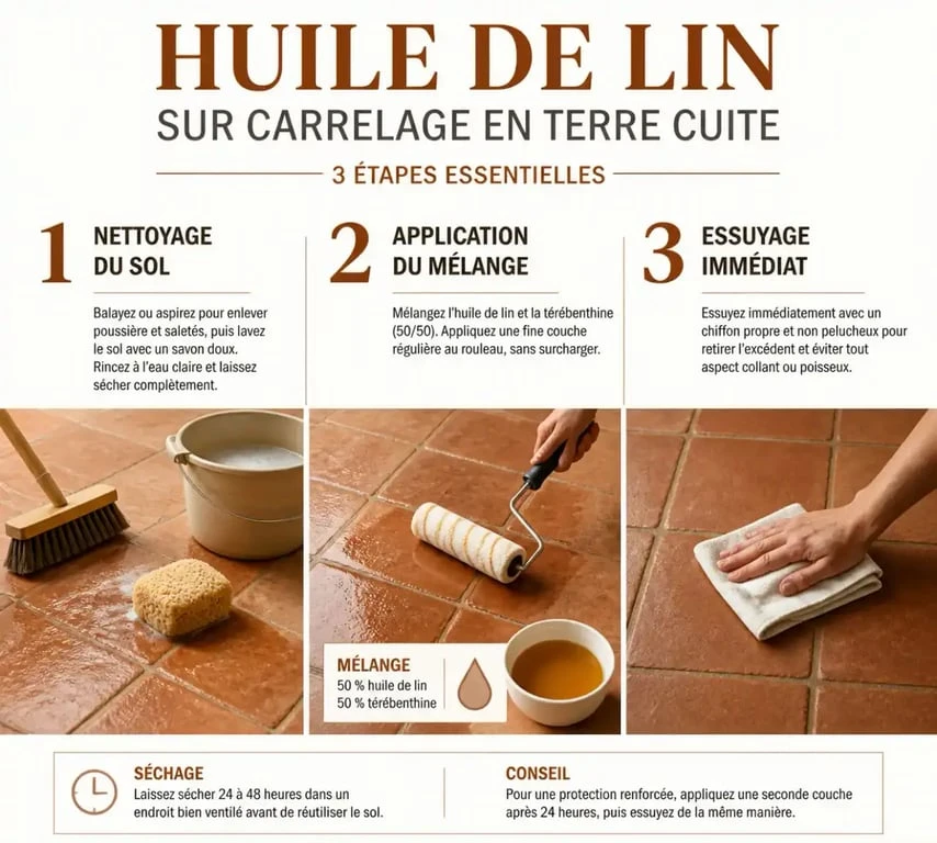 Étapes d'application de l'huile de lin sur carrelage en terre cuite pour une protection optimale