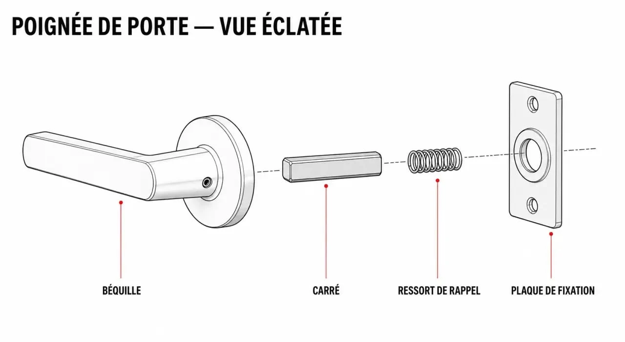 Schéma des composants internes d'un mécanisme de poignée de porte