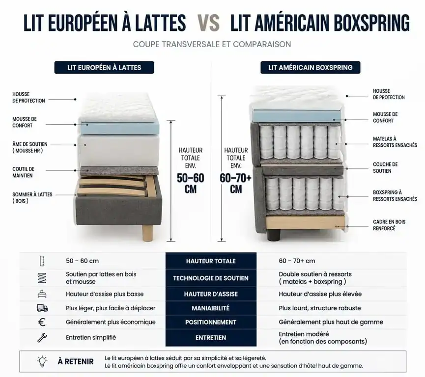 Comparaison technique entre un lit européen à lattes et un lit américain haut boxspring